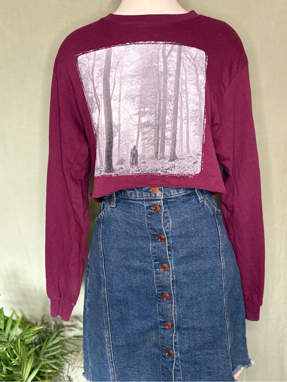 Cropped Long-Sleeve Graphic Top in Burgundy